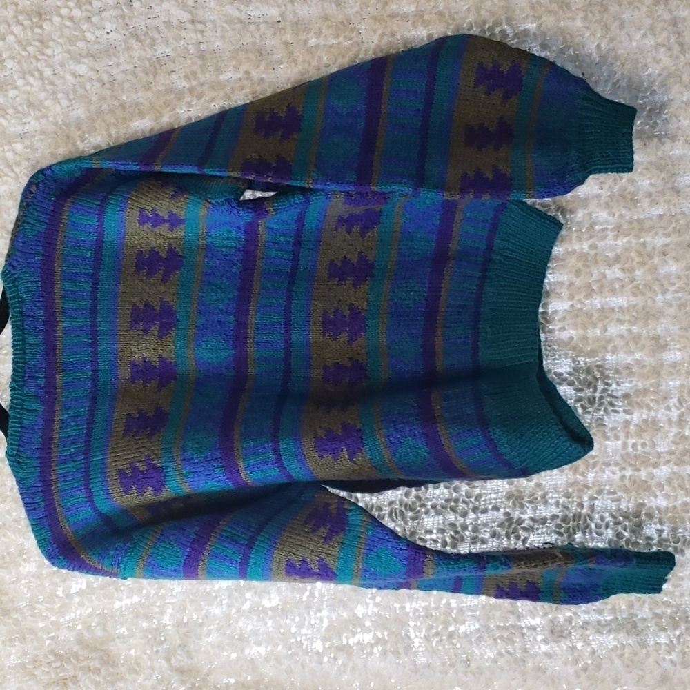 Vintage handmade knit sweater with geometric shapes medium - Picture 5 of 8